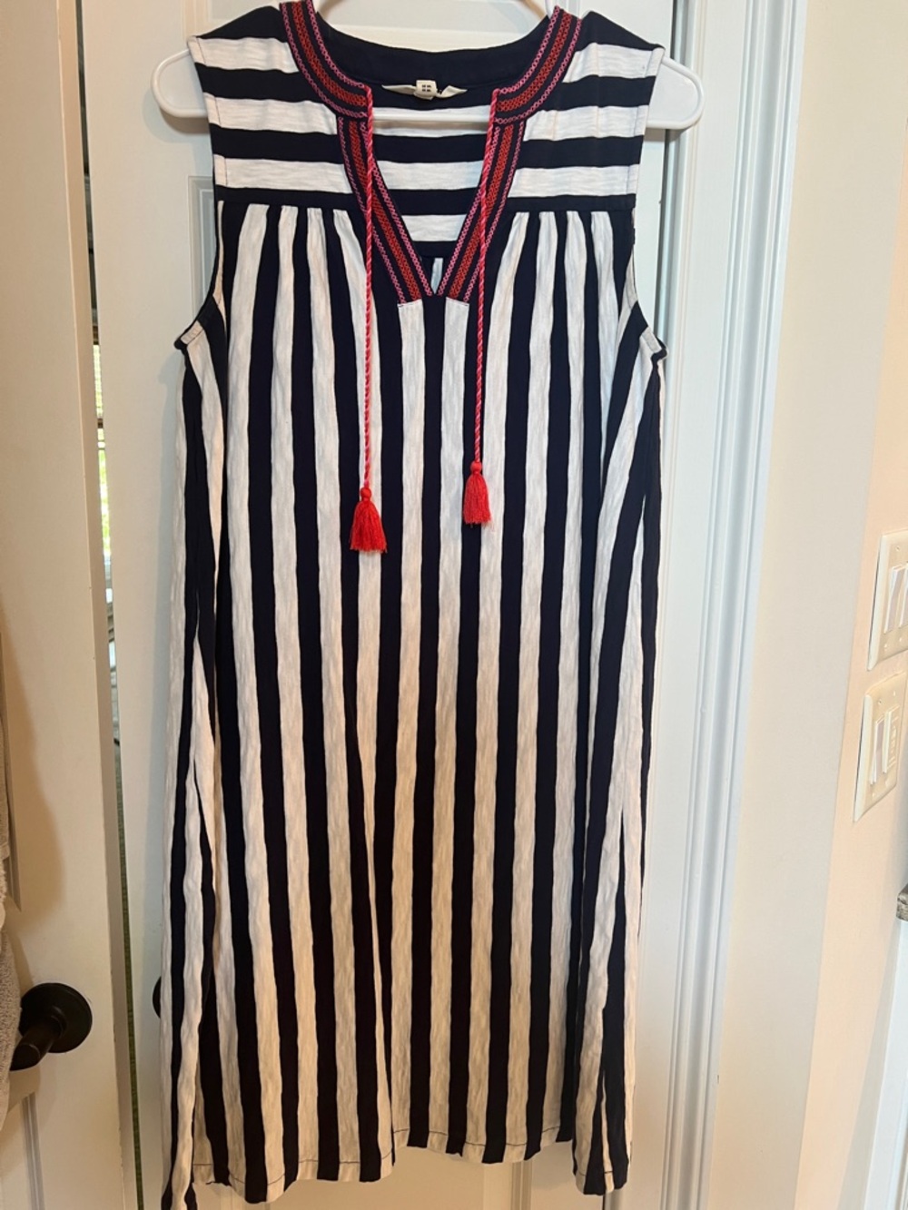 Boden Navy and White Striped Midi Dress with Red Trim- 6 Tall